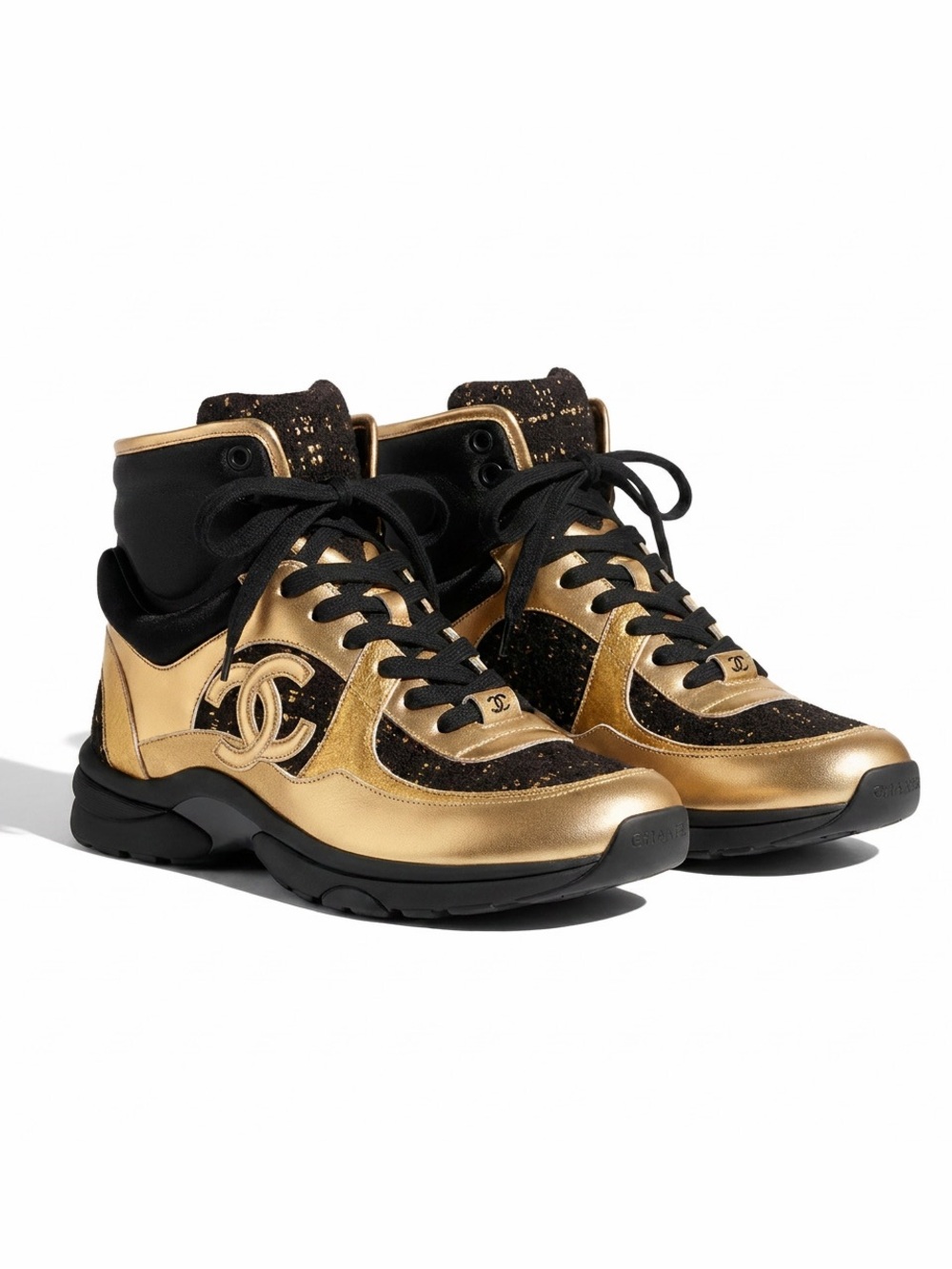 Chanel High Top Sneakers 19A Metiers d'Art Gold Metallic & Black Tweed SZ 39